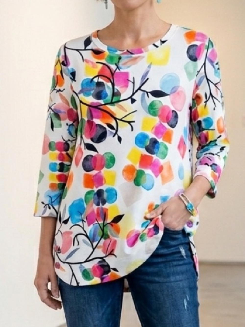 Ali Miles Rayon Spandex Colorful Geometric Pink Button White Tunic M